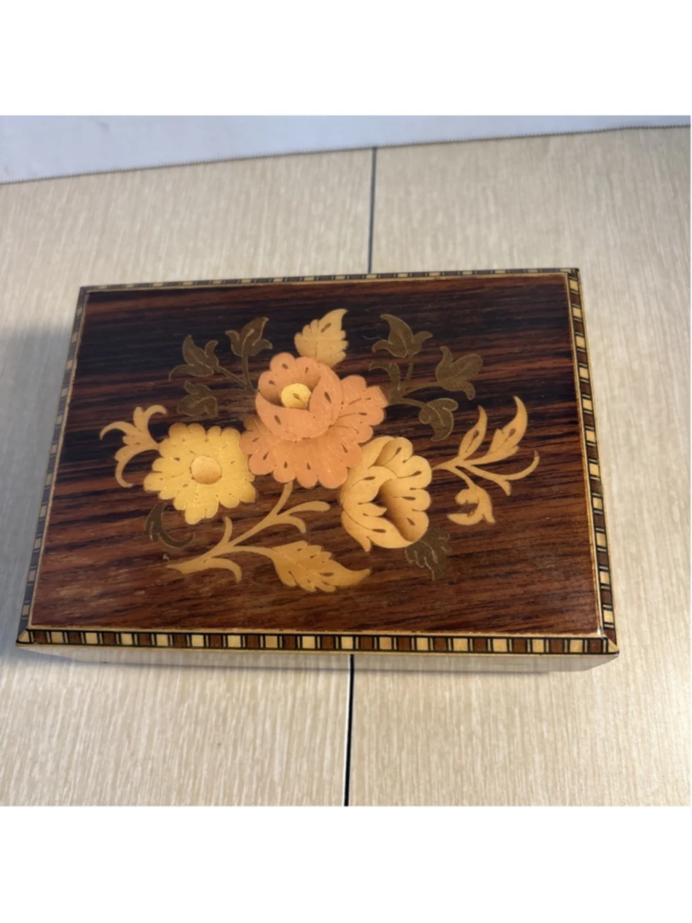 Vtg Italian Sorrento Inlaid Wood Music Box Floral Marquetry Jewelry Trinket 1054